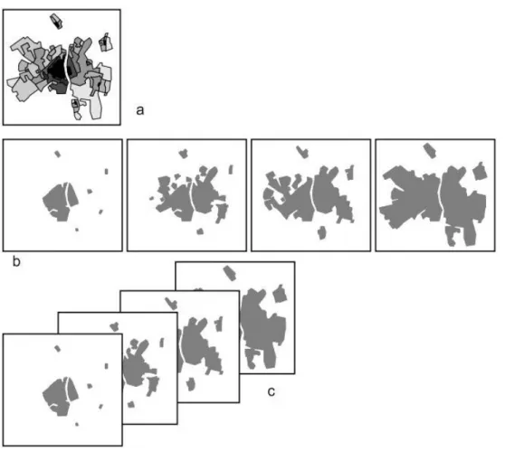 Figura 2.5: Mapeamento de eventos (exemplo do crescimento urbano na cidade de Maastricht, Holanda): a) único mapa; b) série de mapas; c) animação