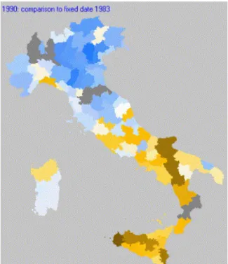 Figure 2.6: Change map for unemployment rates in Italy, between 1983 and 1990 [AAG03].