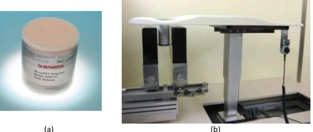 Figure 5.4: (a)  68 Ge cylindrical phantom. (b) Picture of the phantom inside the support used for the acquisition