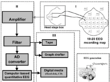 Figure 3.2: Schematic representation of the EEG recording system divided in 3 parts - Electrodes and Head Stage (I),  Pre-processing (II) and Data Storage (III).