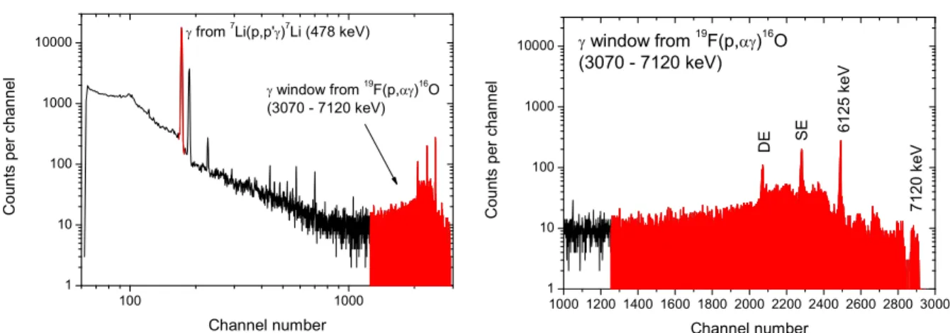 Figure 4.16: Left panel: γ-ray spectrum taken from the LiF-Cu target at E lab = 1134 keV