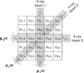 Figure 2.15: Adapted illustration of a schematic showing the attenuation coe ffi cient distribution along the x-ray beam path [54].