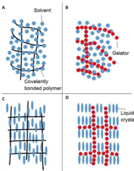 Figure 1.5  –  Illustration of: a) chemical gels; b) physical gels; c) Liquid-crystalline chemical gel; d) Liquid- Liquid-crystalline physical gel