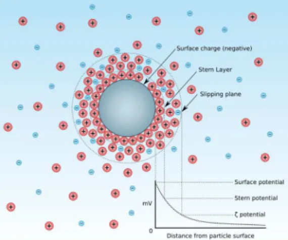 Figure 2.11: Diagram of double layer and zeta potential of a particle in an ionic fluid [25].