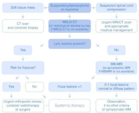 Figure 4.3: Algorithm for imaging in MM. In the case of a plasmocytoma (soft tissue mass due to plasma cells growing), a CT of the area and a needle biopsy are needed