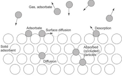 Figure 2.1: Elements and processes involved in adsorption. Image obtained from [18].