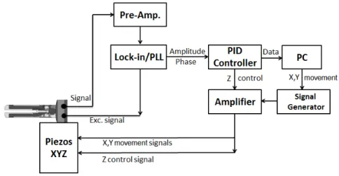 Figure 2.1: Scheme of the AFM components, with a tuning fork being excited.