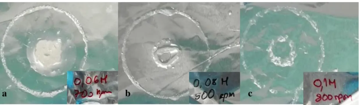 Figure 4.2  –  Samples with different concentrations of CaSO 4,  24 hours after being 3D  printed  –  top view: (a) 0.06 M, (b) 0.08 M and (c) 0.1 M 