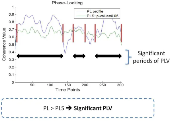 Figure 3.3: Phase-locking analysis. In blue: Phase-locking (PL) profile for a sample pair of ROI signals