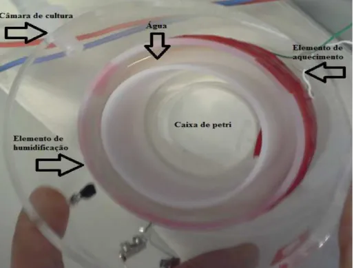 Figura 3-2: Câmara de cultura projectada onde é visível o elemento de aquecimento envolto nesta, e o elemento de  humidificação cilíndrico