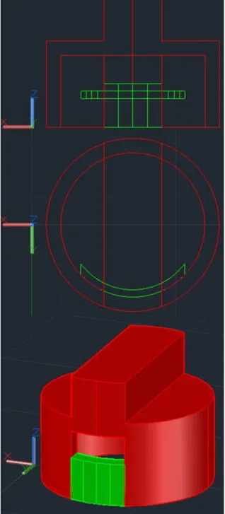 Figura 3.5: Esbo¸co da tampa. Vista de frente, de topo e 3D, respectivamente.