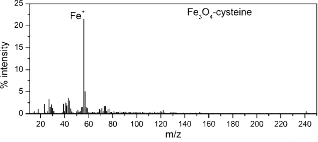 Figure  2.8.  Static  SIMS  spectrum  from  Fe 3 O 4 -cysteine  used  catalyst  acquired  at  Ga +   impact  energy of 5 keV [from the present work]