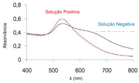 Figura 2.7 – Espectro de absorvância dos dois tipos de soluções de ADN e nanopartículas de ouro: 