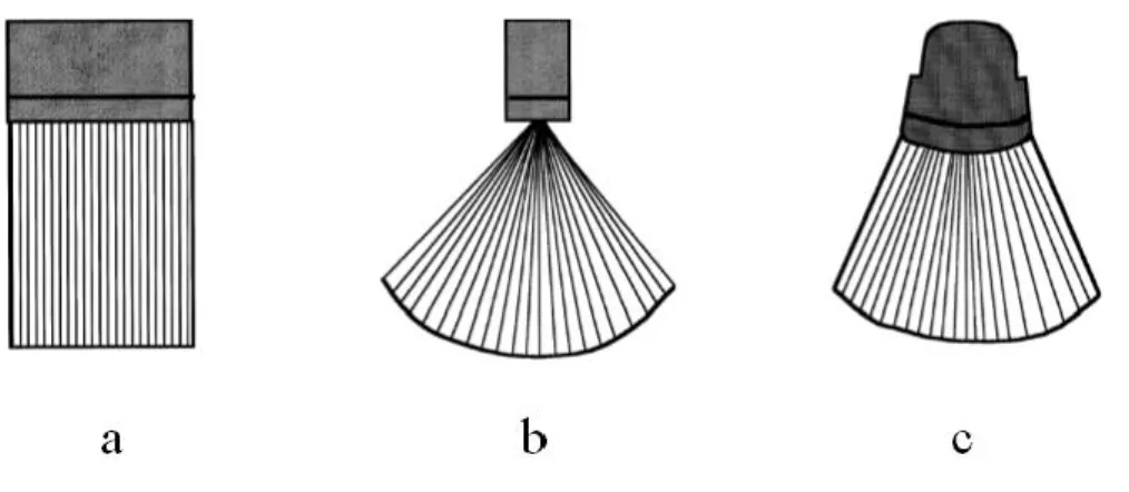 Figure 2.9  –  Types of US transducers: linear-array transducer (a), phased-array transducer (b),  curved-array transducer (c)