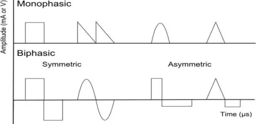 Figure  2.2:  Examples  of  different  types  of  waveforms.  The  monophasic  square  and  the  biphasic  square  types are some of the waveforms used in this work and are represented on the left