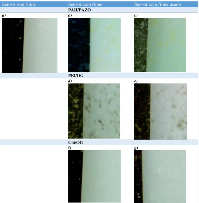 Tabela 3.3–Microscopia óptica de reflexão com microscópio ISM-PRO: a) sem filme, b) filme de (PAH/PAZO) 15 , c)  filme de (PAH/PAZO) 15  usado, d) filme de (PEI/OG) 15 , e) filme de (PEI/OG) 15  usado, f) filme de (Chi/OG) 15  e g)  filme de (Chi/OG) 15  u