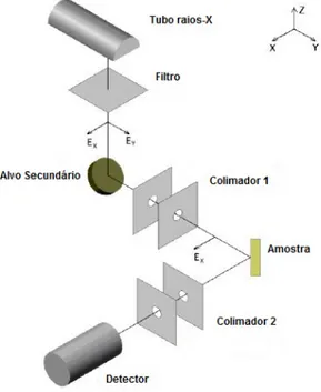 Figura 3.8: Esquema ilustrativo da montagem EDXRF com geometria triaxial composto pela fonte de excitação, filtro, alvo secundário, amostra, colimadores e o detetor (adaptado de [46]).
