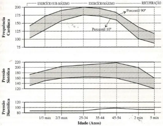 Figura 3 - Respostas tensionais ao esforço. A faixa sombreada superior representa as respostas da frequência  cardíaca ao esforço dinâmico, sub-máximo, máximo e respectiva recuperação