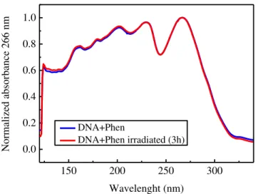 Figure 4.3: VUV normalized absorption spectra of cast films of DNA+Phen, before and after  being irradiated for a period of 3 hours
