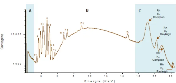 Figura 3.8: Espetro de um gr˜ ao de trigo fortificado com 90 mL de uma solu¸c˜ ao nutritiva, obtido com o espetr´ometro de µ-EDXRF
