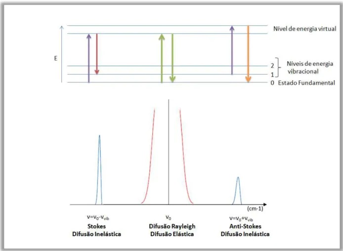Figura  5.1 :  Representação  esquemática  dos  níveis  de  energia  para  os  diferentes  casos  de  sinal  Raman  (adaptado de (Moreno, 2013) (Tsuda &amp; Arends, 1997) 