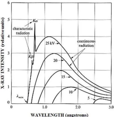Figure 6: Mo anode X-ray tube spectrum as a function of the applied voltage at a constant filament  temperature (adapted from [154])