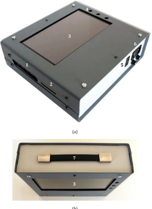 Figura 4.10: Primeiro protótipo do sistema ARMOR ONE: (a) vista geral; (b) vista de topo; 1  –  hub USB; 2  – entrada para cartões de proximidade; 3  –  ecrã táctil; 4  –  botão de energia do tablet PC; 5  –  tomada 