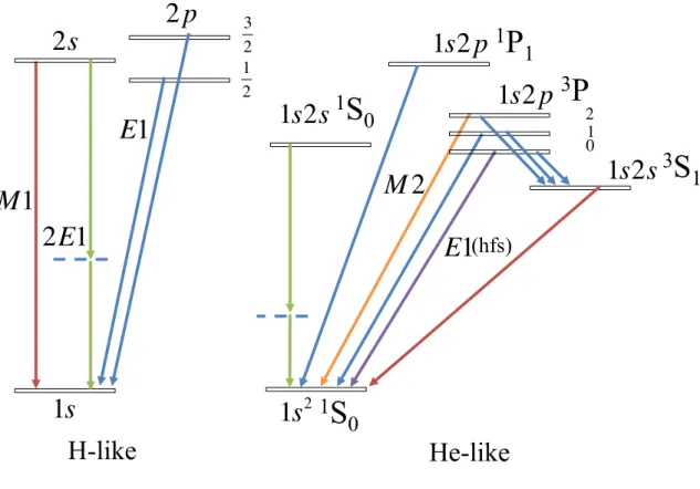 Figure 1.1: Allowed and forbidden transitions in H-and He-like ions - Each arrow represents a transi- transi-tion between two states
