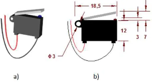 Figura 3. 20 – Esquema tridimensional (a) e medidas (em milímetros) dos interruptores de fim de curso (b)