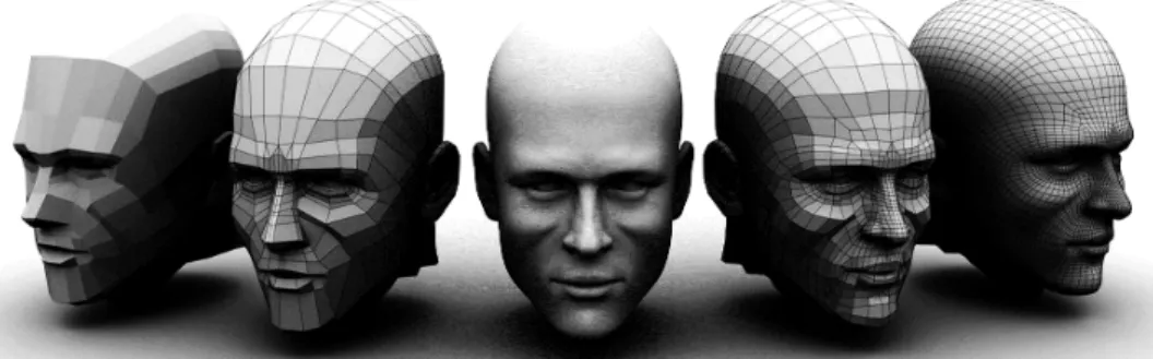 Figure 2.14: 3D polygonal modeling of a male human head. Poly-count increases from left to right (excluding the middle instance, which illustrates the final outcome).