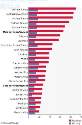 Figure 2.1: Age-Standardized BC Incidence and Mortality Rates by World Area. Source:[17]