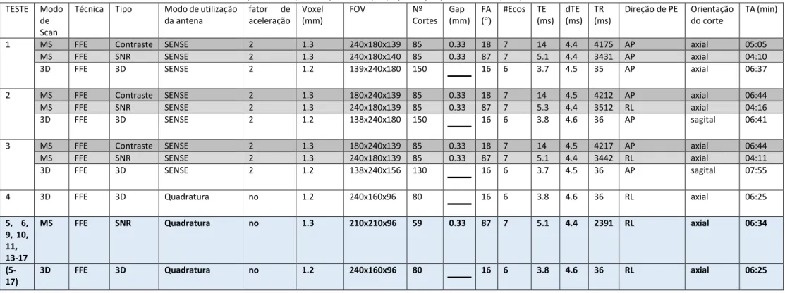 Tabela 4.1-1 Resumo dos Parâmetros utilizados nos protocolos aplicados para teste (1-4) e para o pós processamento(5-17)  TESTE  Modo 