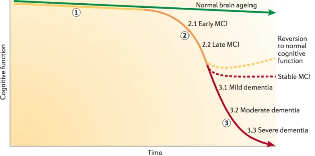 Figure 2.2: Normal, with MCI and with dementia decline rate in cognitive function (Hampel, H