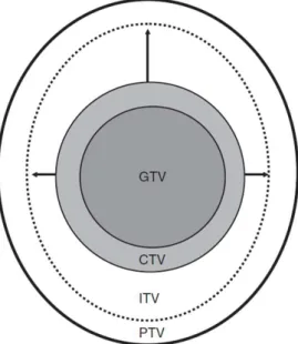 Figure 2.6: Illustration of ICRU volumes’ definition: GTV, Gross Tumour Volume; CTV, Clinical Target Volume; ITV, Internal Target Volume; PTV, Planning Target Volume.