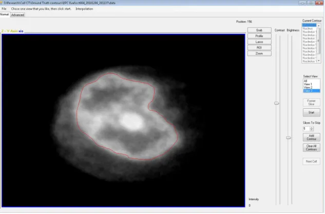 Figure 2.2  - Ground Truth Evaluation software interface with a cell nucleus boundary traced in red