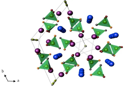 Figura 2.1: Projeção do eixo c da célula unitária de hidroxiapatite (P6 3 /m). Os átomos de Ca(1) são mos- mos-trados a azul e os de Ca(2) a roxo