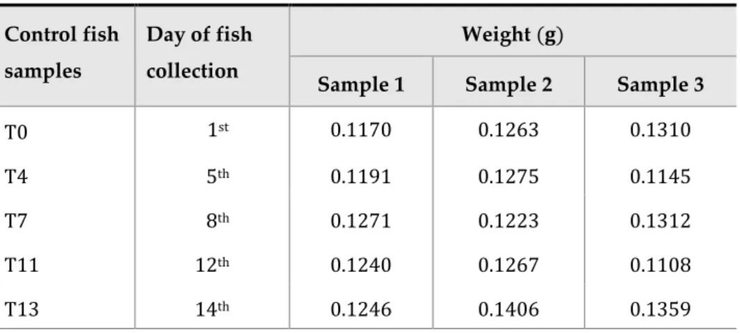 Table 5.4: Weight of all samples taken from the control samples. 