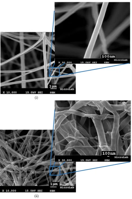 Figure 3.1 - SEM images of CA electrospun membrane (i) before and (ii) after immer- immer-sion on a 0.1M NaOH (pH 13) electrolyte solution