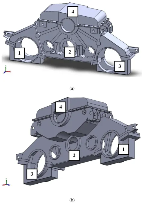 Figura 3.1 – Perspetiva frontal (a) e traseira (b) do modelo tridimensional original do componente, com  identificação das diferentes partes constituintes da caixa