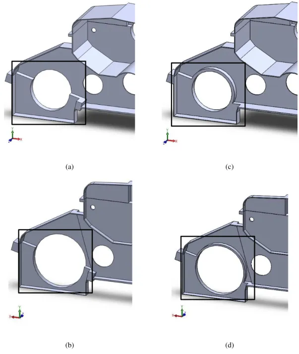 Figura 3.7 – Comparação do interior do modelo entre a quarta versão, (a) e (b) (perspetivas frontal e  traseira, respetivamente), e quinta a versão do modelo simplificado, (c) e (d) (perspetivas frontal e 