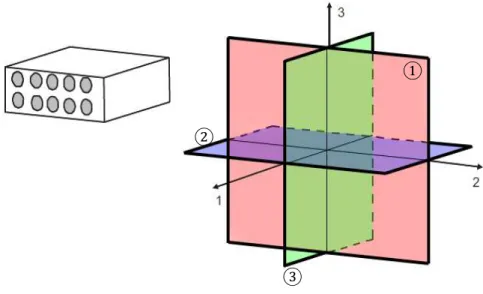 Figura  2.8:  Um  compósito  PRF  unidirecional,  as  suas  direções  principais  e os  seus  planos  de  simetria