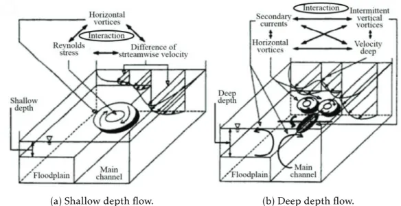 Figure 2.26: Schematic representation of flow field in varying rectangular compound channel relative depth
