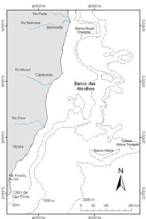 Figura 1: Mapa da área de estudo mostrando a localização dos Bancos dos Abrolhos, Royal Charllote e da  Cadeia  de  Bancos  Submarinos  Vitória-Trindade,  assim  como  as  isóbatas  de  50m,  1000m  e  3000m  de  profundidade (Modificado de Masuda, 2009)