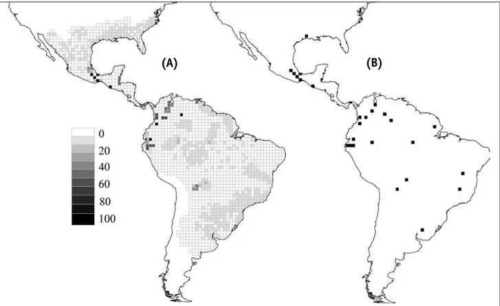 FIGURA 8 – Padrões de insubstituibilidade (A) obtidos pelo programa SITES para representar as 73 espécies de Elapidae pelo menos uma  vez, e solução única com 25 células (B) representando todas as espécies, mas, ao mesmo tempo, maximizando a produtividade 