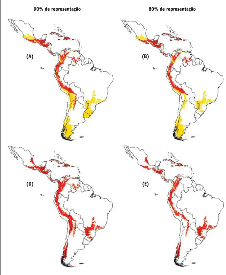 FIGURA 1 – Em A-C, mostram-se conjuntos mínimos de ecorregiões necessárias para a representação de espécies com diferentes modos  reprodutivos: tanto aquelas com fase larval aquática (em amarelo) quanto as com desenvolvimento terrestre (em vermelho), sob d