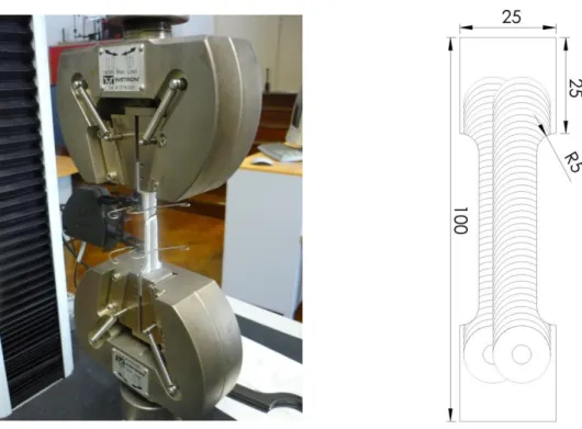 Figure 3.8 – Tensile runs set-up and composite test samples dimensions. 