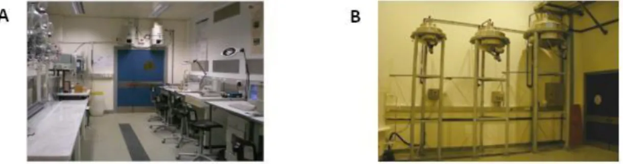 Figura 1. 10 - A: Laboratório de pequenos volumes; B: Laboratório de grandes volumes.