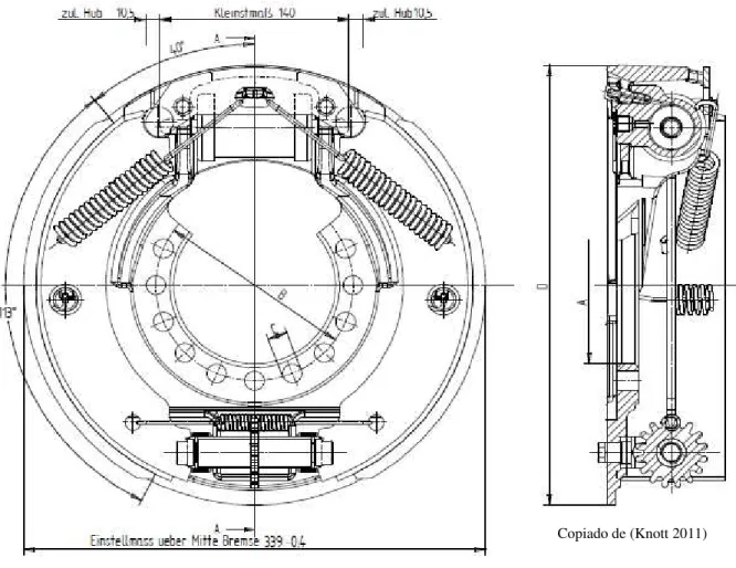 Figura  2.4 - Dimensões do freio de tambor da marca KNOTT, modelo Hydro Servo Brake 340 x 80  Copiado de (Knott 2011) 