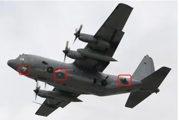 Figure 4.3  –  Picture of the aircraft Lockheed Martin C-130 with highlighted turrets installed [22]