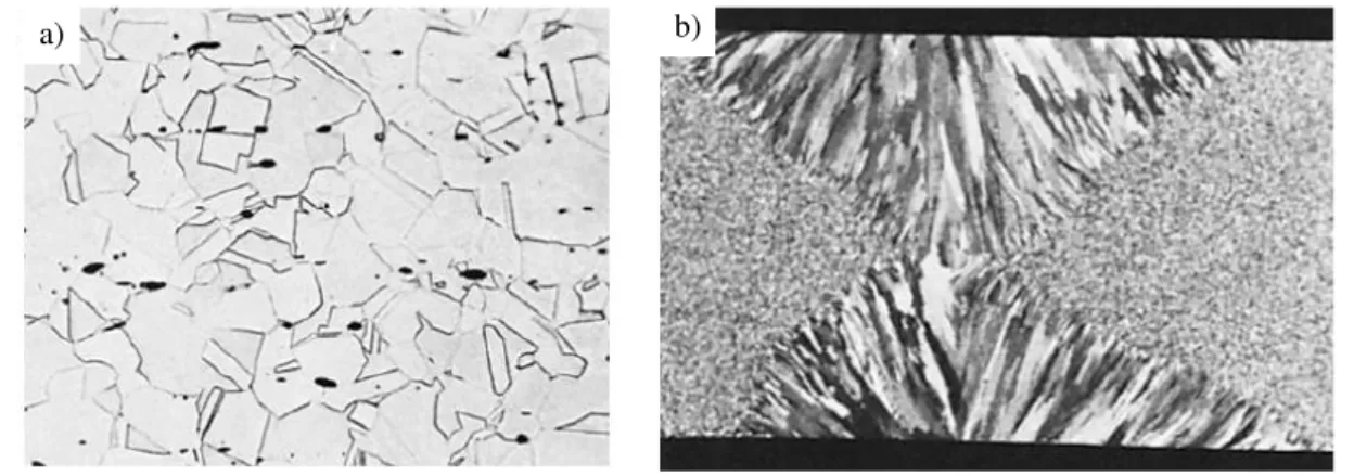 Figure 2.6 – Samples of Cu-ETP [1]. a) Longitudinal section shows equiaxed grains and well-dispersed,  slightly elongated Cu 2 O particles (dark dots) (250x); b) Copper cold-rolled bar, annealed and then tungsten arc 